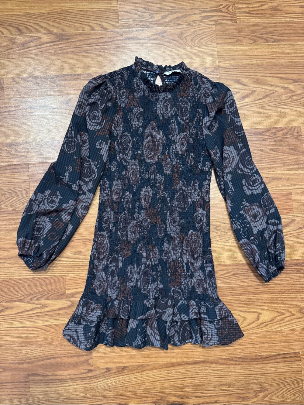 ZARA Smocked Floral Mini Dress Medium Sheer Long Sleeve Ruffle Hem